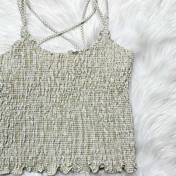 Papas Fashion Vintage Smocked Criss Cross Checkered Tank Top Brown White Medium - Picture 3 of 6